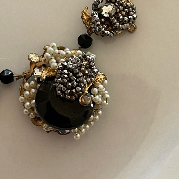 Haskell Diamonte Pearl Gold Filigree Black Pendant Signed Vintage Necklace - Picture 2 of 14